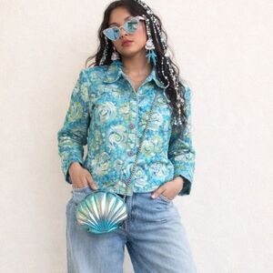 Mermaidcore Green/blue Floral Sequin brocade sequins artsy Blazer sz L